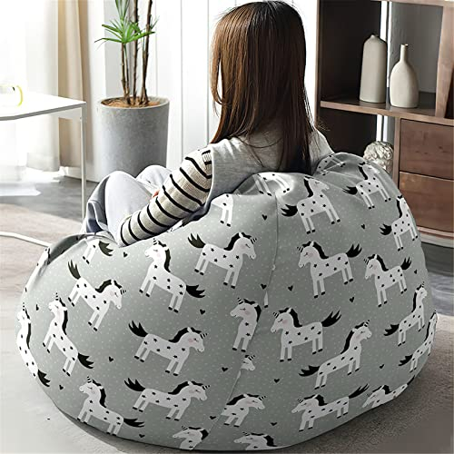 Treer Sitzsack Bezug Ohne Füllung, Karikatur Muster Sitzsackbezug für Erwachsene und Kinder, Sitzsack Stuhlbezug Sitzsackhülle Ohne Innensack Sitzsackhüllenbezug (90x110cm,Weißes Pferd)