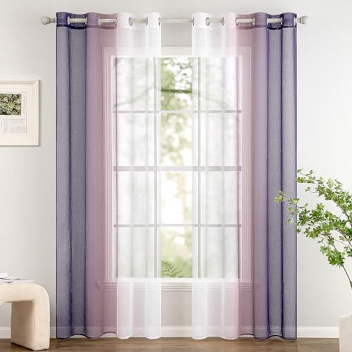Woaboy 2 Pezzi Tende Voile Semi Trasparenti con Occhielli Tende Verticali Sfumate Poliestere Moderne Eleganti per Finestra Soggiorno Camera da Letto Balcone 140x260cm Viola