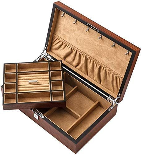 CAZARU Uhrenbox Schmuckaufbewahrung Holzuhrenaufbewahrungsbox 2 Schichten Uhren Vitrine Mechanischer Uhrenstapler Schmuckkästchen für Armbanduhren-Armbandkollektionen, Braun, 36 x 9,2 x 22 cm