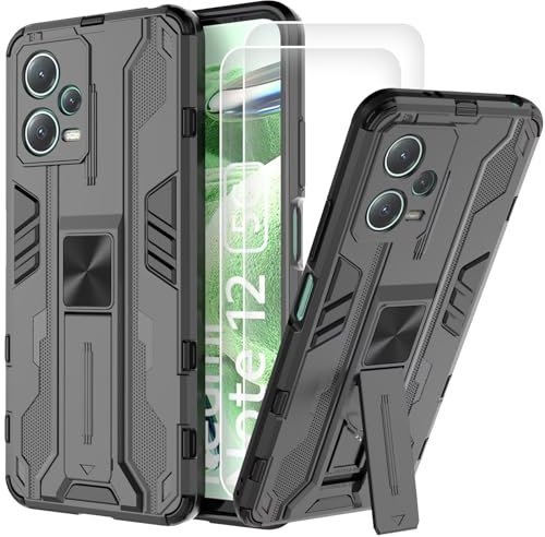 DERHAN Funda para Xiaomi Redmi Note 12 5G (No para 4G) / Poco X5 5G, Funda con Cristal Templado [2 Piezas], Carcasa Protectora Antichoque con Soporte Vertical - Negro
