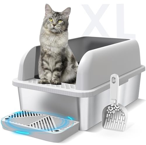 Suzzipaws Caja de arena para gatos de acero inoxidable cerrada con tapa, extragrande para gatos grandes, bandeja sanitaria metálica XL con paredes altas, antiadherente, antifugas, fácil limpieza