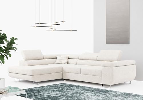 MKS MEBLE Ecksofa Weiß Wohnzimmer - Wohnlandschaft - Schlafsofa mit Bettkasten - Ecksofa mit Schlaffunktion - Wohnzimmer L Couch - Polstersofa mit Bettkasten - Gustaw - Weiß - Links