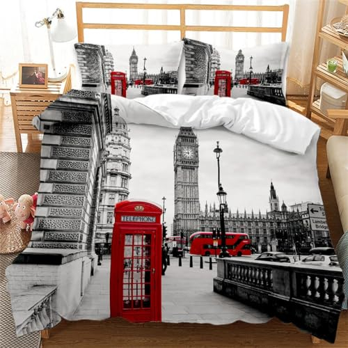 Rodths Bettwäsche 135x200 Londoner Brücke Big Ben Bettbezug 135 x 200 2er Set, Weiche Microfaser Sommerbettwäsche mit ReißVerschluss, 1 Kissenbezug 80x80 cm, Bügelfreie Wendebettwäsche