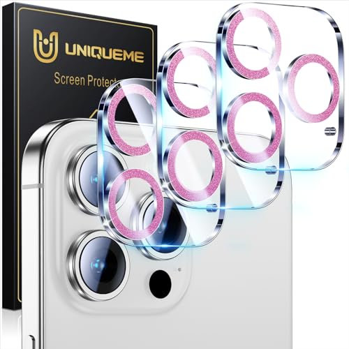 UniqueMe for 3 Pack iPhone 15 Pro/iPhone 15 Pro Max Camera Lens Protector, [Drop Protection] [Case Friendly] 9H Tempered Glass Camera Cover Screen [Update New Version] - Glitter Pink