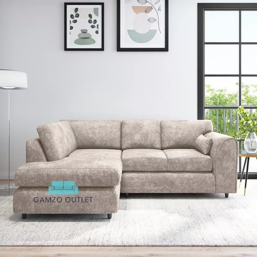 Gamzo Outlet Sleek Exclusive Robust Left-Hand Corner Full Back Colourful Alaska Fabric Designer Sofa Comfy Home Décor Furniture for Moderate to Spacious Contemporary Living Room (Colour- Beige)