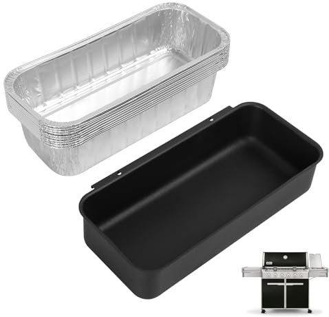 MOASKER 70379 Catch Pan & 6498 Drip Pan Liners para Weber Genesis II 400/600, Summit 400/600 Series Grills, bandeja de grasa de acero y 6417 10 piezas de revestimientos de grasa de aluminio para Weber