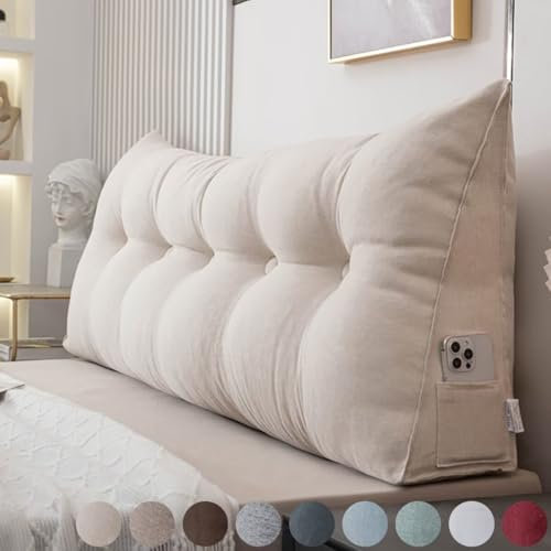 Rückenkissen Bett 60cm Beige, Leinen Rückenlehne Kissen, Keilkissen Bett kopfteil, Waschbar Abnehmbar Lesekissen für Bett und Sofa, Rückenstützkissen Lendenkissen mit Seitentasche