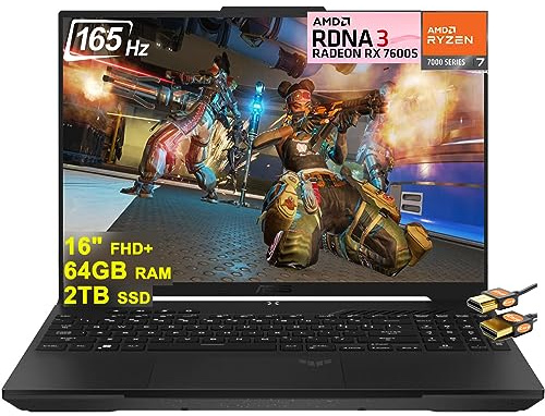 Asus TUF Gaming A16 Ordinateur portable 16 FHD+ 165Hz 7ms 100% sRGB AMD Octa-core Ryzen 7 7735HS 64 Go de RAM 2 To SSD Radeon RX 7600S 8 Go Graphique (>RTX 4060) Rétroéclairé USB-C USB4 Charge rapide