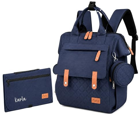 AWASG Wickelrucksack mit Personalisierter Wickelunterlage, Wickeltasche Baby Groß, Babyrucksack für Unterwegs, Dunkelblau
