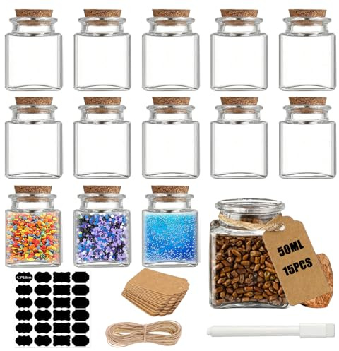 Rliocvhe 15 Pièces Mini Bouteille Verre avec Bouchon 50ml,Transparent Mini Bocaux en Verre,Fiole en Verre Pot Conservation Carré pour Mariage, Fête, Dragées, Bapteme, Épices