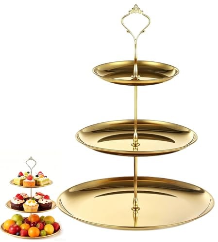 Kisstta Etagere 3 Etagen mit Tragegriff, aus Edelstahl, Abnehmbar Servierständer, Obst Etagere und Cupcake Ständer, für Kuchen, Desserts, Obst, Süßigkeiten mehr, Auch als Buffet Zubehör Verwendbar