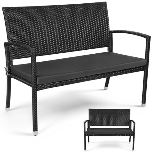 Gartenbank Polyrattan wetterfest mit Kissen, 2-Sitzer Balkonbank bis 227 kg belastbar, 112 x 58 x 90 cm, outdoor bank mit Rückenlehne und Armlehnen,Sitzbank für Balkon und Terrasse,Schwarz