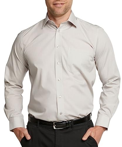 Double TWO Men's Long Sleeve Plain Formal Shirt Non Iron Classic Fit Business Dress Shirt - Stone, 15.5in Collar