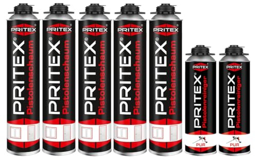 PRITEX Bauschaum Set, 5x 750ml Pistolenschaum, 2x 500ml Pistolenreiniger