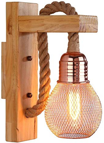 E27 Lampada da parete in legno di stile industriale con corda di canapa per soggiorno, comodino, corridoio bar (lampadina inclusa)