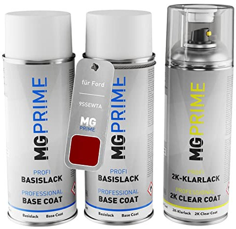 MG PRIME Autolack 2K Spraydosen Set für Ford 9SSEWTA / PN3K70 / U Candy Red Pearl/Candy Rot Grundlack Basislack 2 Komponenten Klarlack Sprühdose