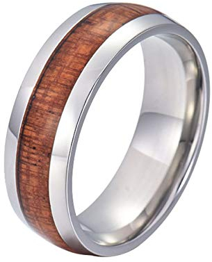 Gualiy 8MM Titan Stahl Herrenrings Holz eingelegt Versprechen Ehering für Herren Silber Braun Bandring Fingerring für Valentinstag Weihnachten Geburtstag Größe 60 (19.1)