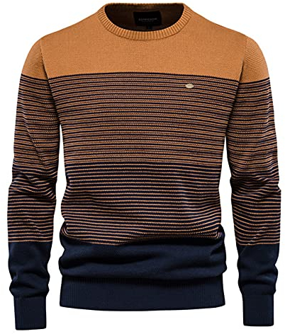 BeerMmay Herren Pullover - Gestreifter Kontrast Rundhals Pullover, Schmaler Casual Top