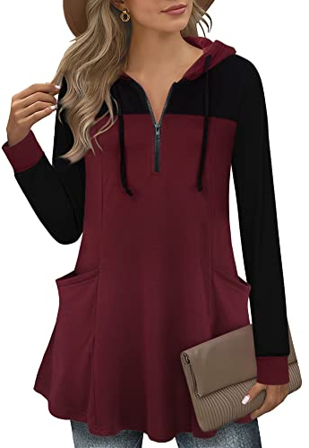 Gaharu Strickhoodie Damen Casual Patchwork Slim Fit Frühling Lang Sweatshirt Frauen Arbeitspullover Kapuze Tunic Damenshirt Lang ärmel Top Zip Leicht Arbeit Ausgefallene Für Leggings Multi-Wein, XXL