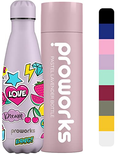 Proworks Edelstahl Trinkflasche | 24 Std. Kalt und 12 Std. Heiß - Vakuum Wasserflasche - Isolierflasche für Sport, Laufen, Fahrrad, Yoga und Camping - 1 Liter - Pastell Lavendel - Sommergefühl
