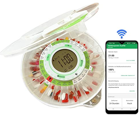 Häusliche Demenz Medikamentenbox für Pflegende Angehörige mit Überwachung | Automatische Tablettenbox mit Benachrichtigungen über Bluetooth and Android-Telefon, Abschließbar, Groß, 9 Alarme pro Tag
