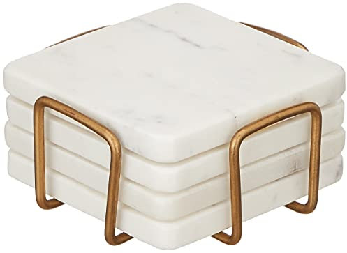 Queenza Ensemble de dessous de verre en marbre blanc avec support, 10,2 cm carrés modernes pour table basse – Dessous de verre avec fond rembourré