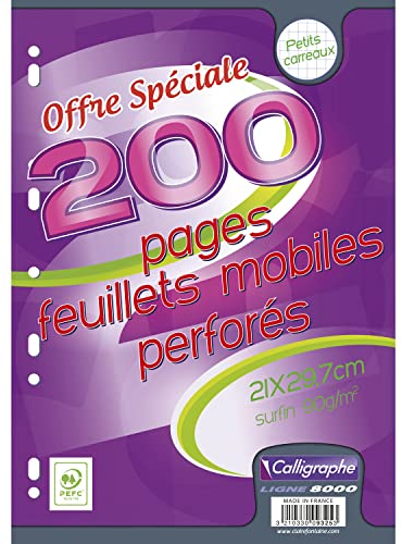 Calligraphe 9325C (gamme scolaire Clairefontaine) - Un paquet de Feuillets Mobiles sous film - A4 21x29,7 cm - 200 pages Petits carreaux - papier blanc 90g - Pour Classeur 32x26 cm minimum