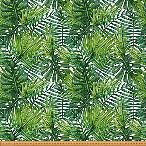 Tropical Fabric by The Yard,Palm Leaf Fabric,Summer Palm Tree Leaves Fabric,DIY Fabric,Indoor Outdoor Fabric,2 Yards,(L184*W150cm) Green White