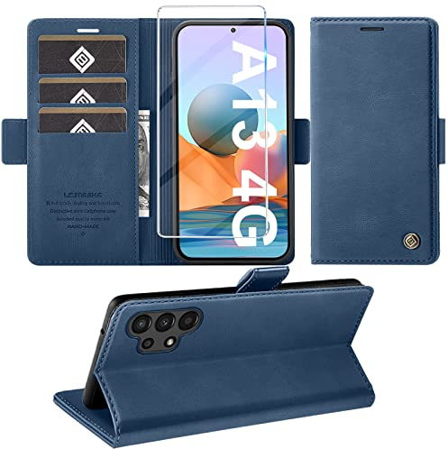 Giyer Handyhülle für Samsung Galaxy A13 4G/5G Hülle mit Schutzfolie, Standfunktion Kartenfach Wallet Premium Leder Schutzhülle A13 Flip Case Cover Stoßfeste Klapphülle A13 6.5 Zoll (blau)