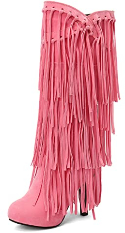 Lizoleor Donna Classico Plateau Tacco Alto Frangia Stivali Alti Senza Chiusura Inverno Festa Punta Rotonda Tacco A Spillo Warm Boots Rosa Numero 41 EU/43Cn