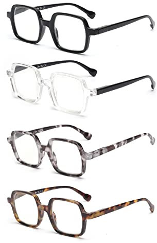 JM 4 Pack Quadratische Lesebrille, Blaues Licht Blockierende Computerleser für Frauen Männer, Frühling Scharnier +1.25
