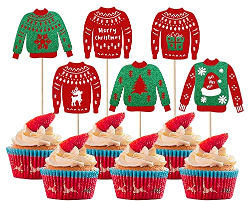 24 Stück hässlichen Pullover Cupcake Toppers Weihnachtsbaum Hirsch Schneeflocke Cupcake Picks Frohe Weihnachten Neujahr Urlaub hässlichen Pullover Xmas Party Kuchen Dekorationen Zubehör