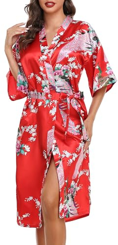 Lovasy Kimono Dressing Gowns Satin Kimono Robe Peacock And Blossoms Silk Dressing Gown for Women UK Long Silk Bride and Bridesmaid Robes