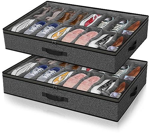 Under Bed Shoe Storage Organizer for Closet, 32 Pairs Sturdy Underbed Shoe Storage Boxes Bins Container Foldable Shoes Storage with Reinforced Handles & Clear Window for College Dorms Grey, Set of 2