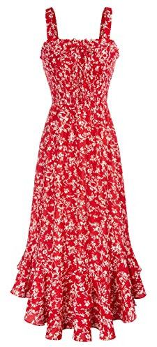 Sommerkleid Damen Lang Maxikleid Blumenkleid Freizeitkleid Swing Trägerkleid Abendkleid XL Rot-Weiße Blume