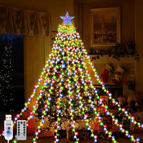 Luces Arbol Navidad con Estrella, USB Luces de Cascada de Arbol Navidad 2M x 9 Hilos 198 LED Impermeables Luces Arbol Navidad 8 Modos con Control Remoto para Fiestas de Bodas Navideñas