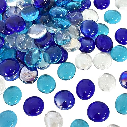 120 Piezas Guijarros Azul Piedras de Vidrio Pepitas de Vidrio, Gemas de Forma Planas Redonda, Piedras de Cristal Decorativas, para Jarrones Relleno, Acuarios, Transparente, Parcialmente Iridiscente