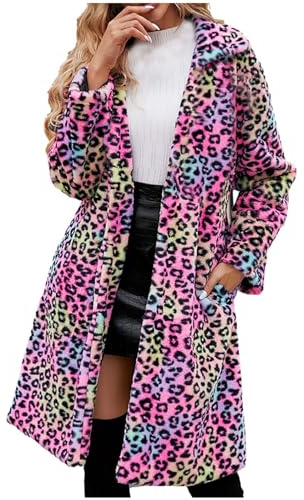 Ladies Womens Winter Fluffy Coat Faux Fur Jacket Vintage Faux Fur Leopard Print Mid-Length Parka Coat Outwear Long Sleeve Overcoat Loose Lapel Shaggy Cardigan Plus Size Jacket Hot Pink 3XL