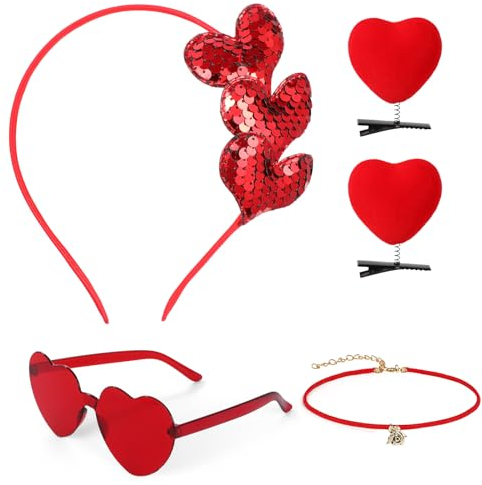 MWOOT Glitzer Herz Haarreif, Sonnenbrille in Herzform, Herzförmige Haarspangen, Rose Halskette, Valentinstag Rotes Herz Kostüm Zubehör für Hochzeit Junggesellinnenabschied Party Foto Requisiten
