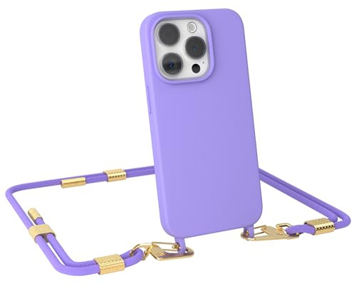 EAZY CASE - Handykette mit Karabiner kompatibel mit iPhone 15 Pro - Hülle Silikon Fallschutz Handyhülle für iPhone 15 Pro Kette zum Umhängen Schutzhülle mit Mikrofaser in Lavendel Lila - Clips Gold