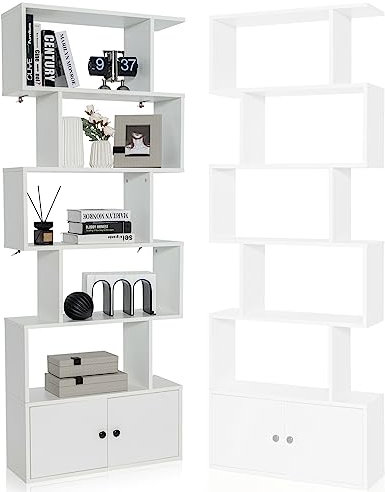 HOMASIS Estanteria libras de 6 Niveles con Doble Puertas, Biblioteca Madera de Exposición o Almacenamiento,Organizador con Compartimentos para Salón, Dormitorio, Oficina, Hasta 20 kg, 70 x 23 x 183 cm