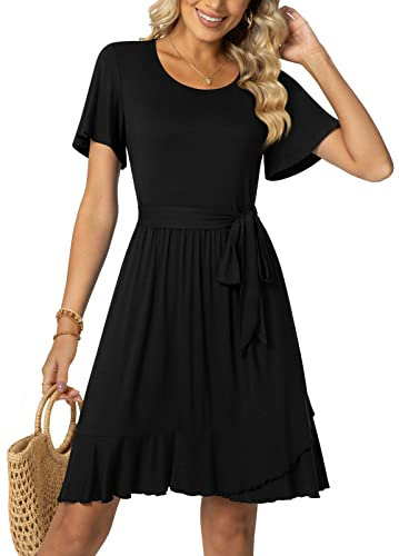 Aodemo Women Casual Summer Empire Waist Short Sleeves Work Dresses Ruffle Hem Swing Tie Waist Beach Dress L, Black