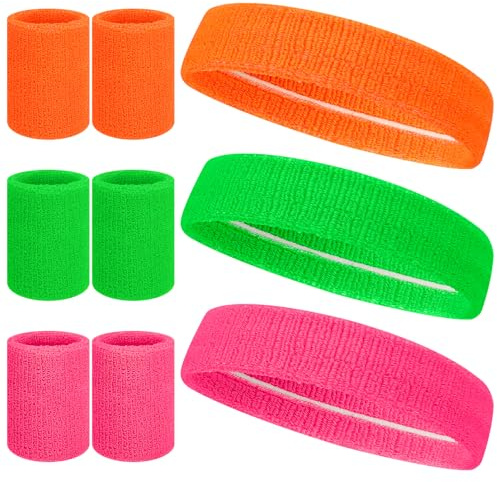 Meng Jiaran 9Pcs Sports Headband and Wristbands Set 80s Neon, Cotton | Sweat Bands Absorbent Sweatbands Head Band Wrist Bands Set for Running Exercise Gym Sports Tennis Basketball