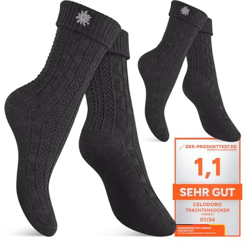 Celodoro Damen und Herren Trachten Socken (2 Paar) mit Edelweiß-Pin Oktoberfest Strümpfe - Anthrazit 39-42