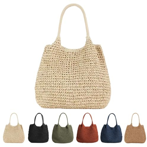 CXINLky Sac en paille d'été pour femme - Grande capacité - Style bohème - Tressé - Sac de plage, beige, 47 x 37 x 2 cm