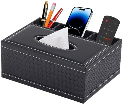 PU Leder Kosmetiktücher Rechteckig Taschentücher Box Organisator Tissue Box mit Fernbedienung Aufbewahrungsbox Serviettenhalter Schreibtisch Aufbewahrungsbox,Schwarzes Geflochten