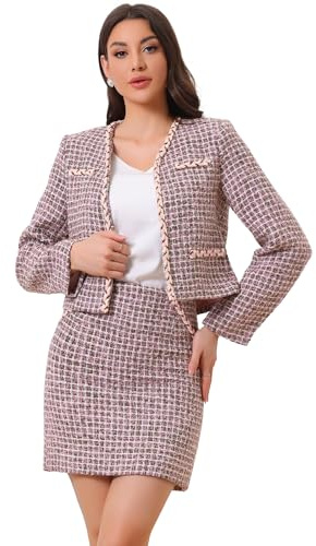 Allegra K Completi in Tweed Scozzese per Set di Giacche e Gonne Corte con Blazer Corto Aperto sul Davanti