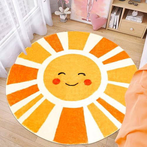Lacomfy Kinderteppich, Sonnenteppich für Jungen und Mädchen, 122 cm, Kreis, Boho, Sonne, Akzent, Spielmatte, rund, Kinderzimmer, maschinenwaschbar, Nachttisch für Kinder, Cartoon-Krabbelmatte für
