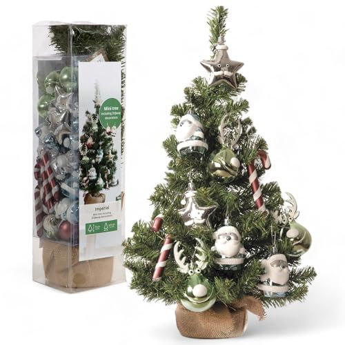 MIJOMA Mini-Weihnachtsbaum im Jutesäckchen | Dekoriert mit 10 Figuren | Bruchfester Kunststoff | Realistische Soft Needles | Standfest & Dekorativ | Ø35cm, Höhe 60cm (Baumschmuck Mehrfarbig)