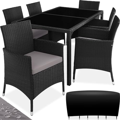 tectake Polyrattan Sitzgruppe für 6 Personen, Balkon Möbel, Gartenmöbel Set mit Tisch und 6 Stühlen, Essgruppe für Garten Terrasse und Balkon, inkl. Sitzkissen und Schutzhülle - schwarz/grau